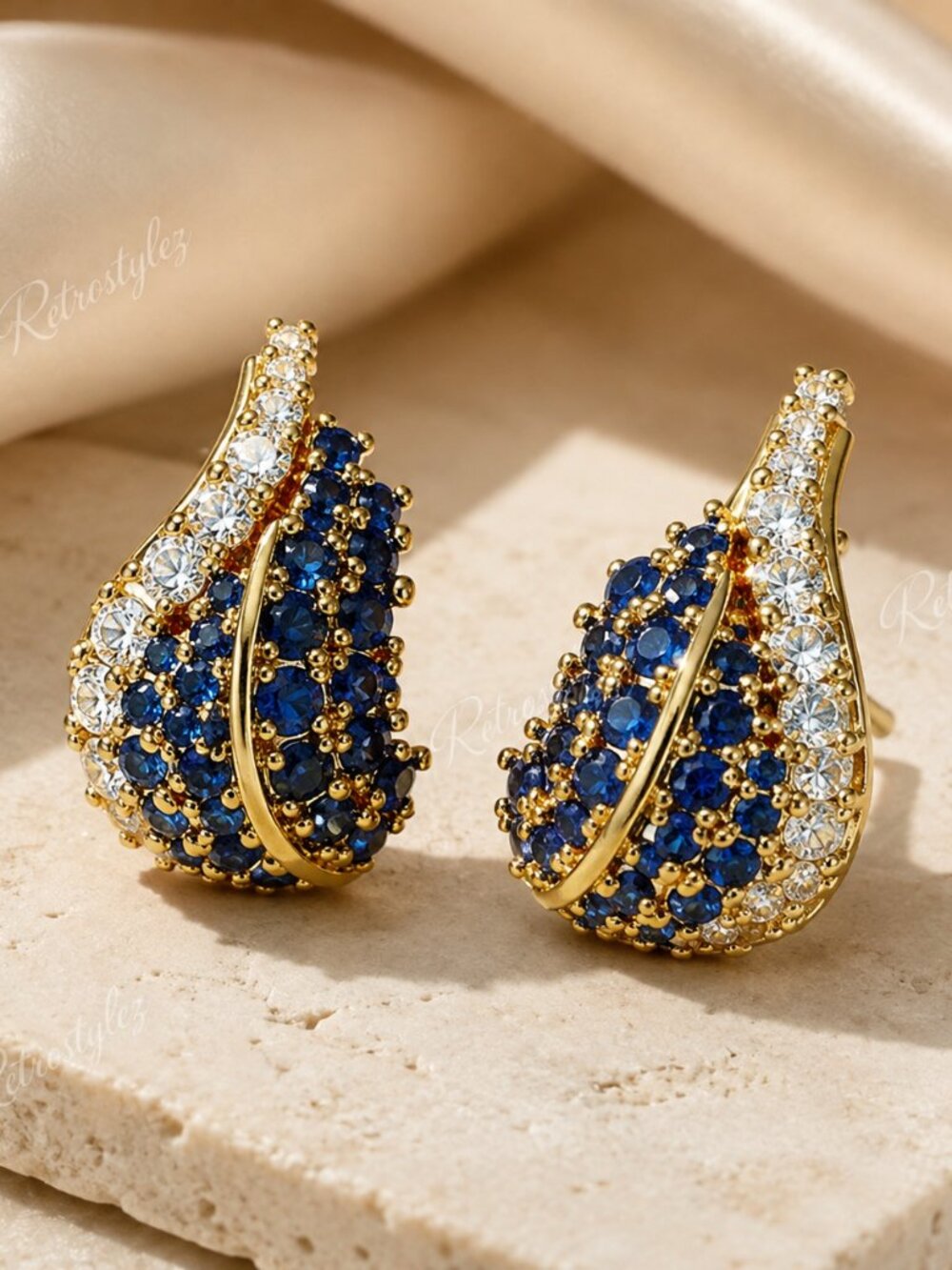 2ct Blue Sapphire Gemstone 14K Gold Womens 1ct Diamond Hanging Drop Earrings NEW